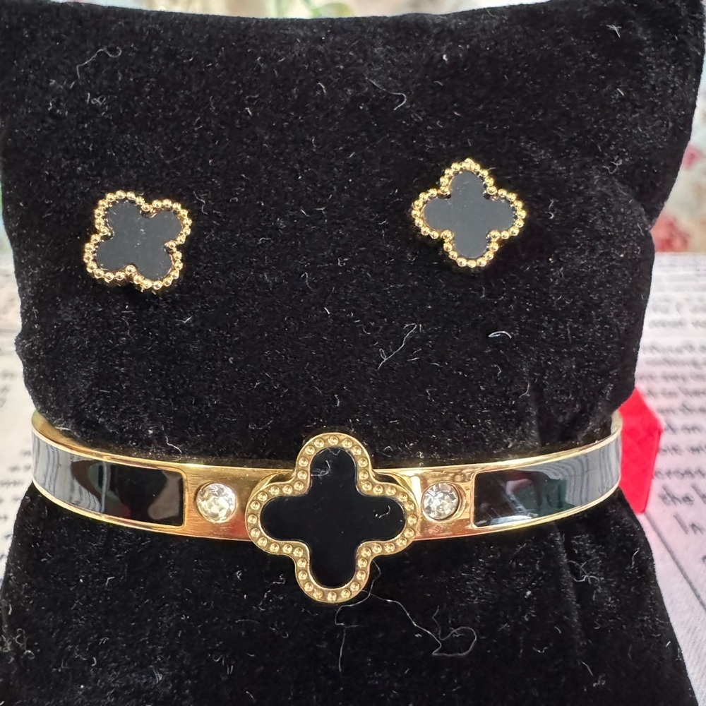 Stainless Steel Gold-Tone Black Clover Bracelet and Earrings Set - Picture 2 of 4